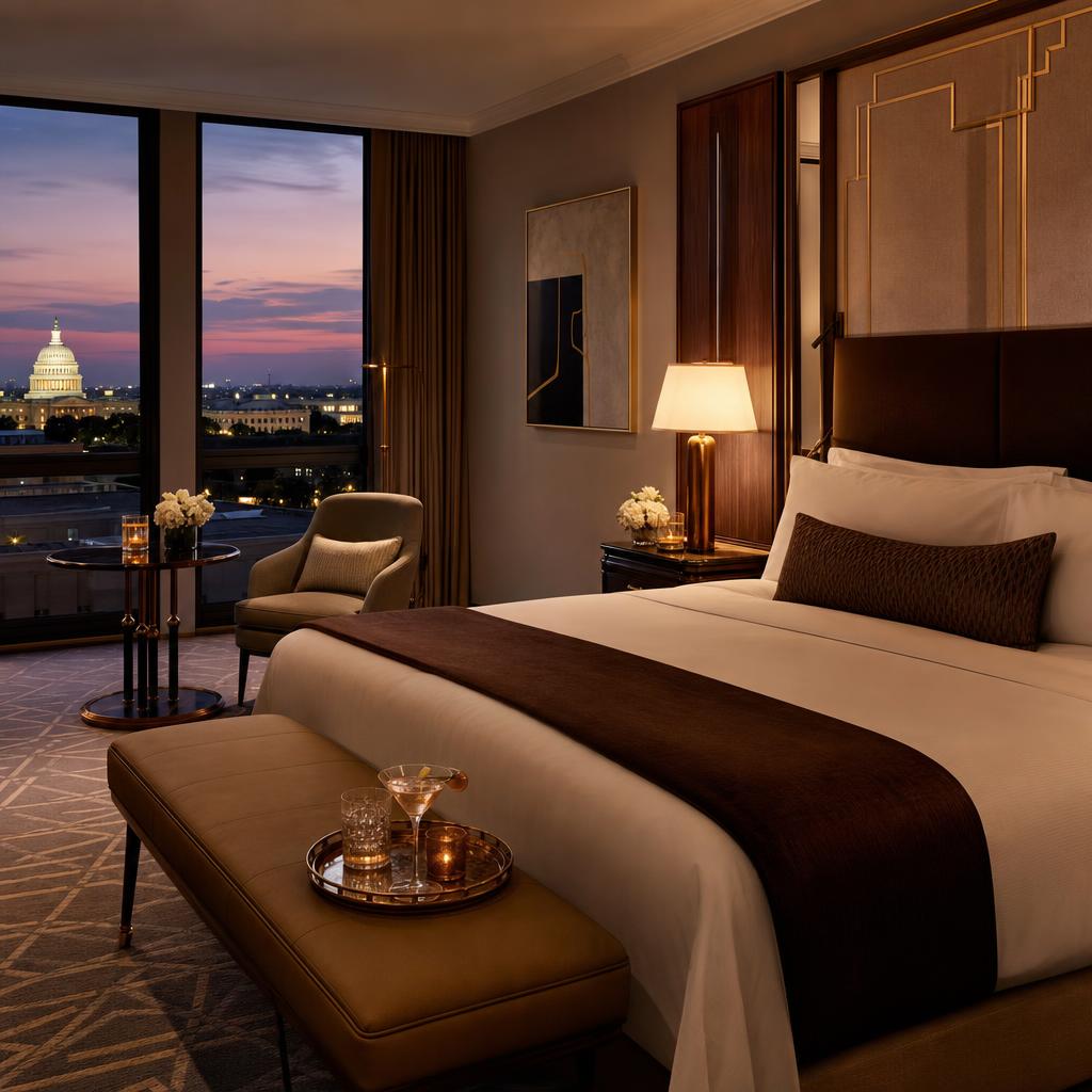 An elegant Washington, DC hotel room at dusk with warm lighting and city views