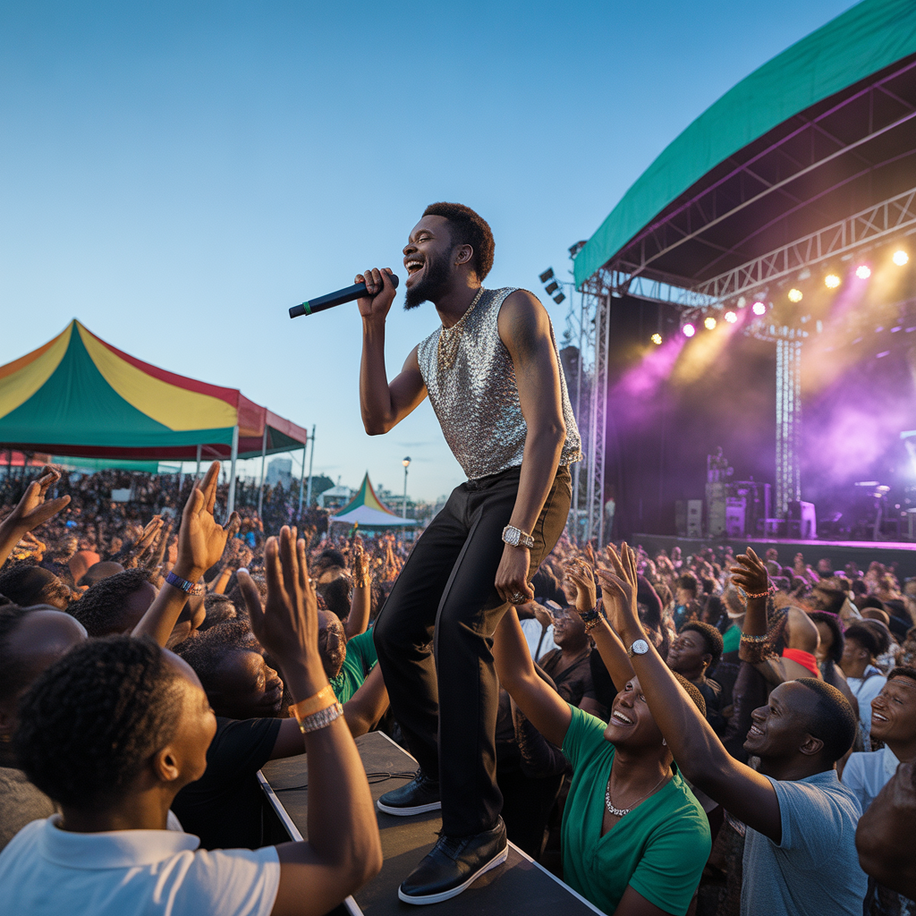 A live Afro-GoGo Festival performer singing to an outdoor crowd