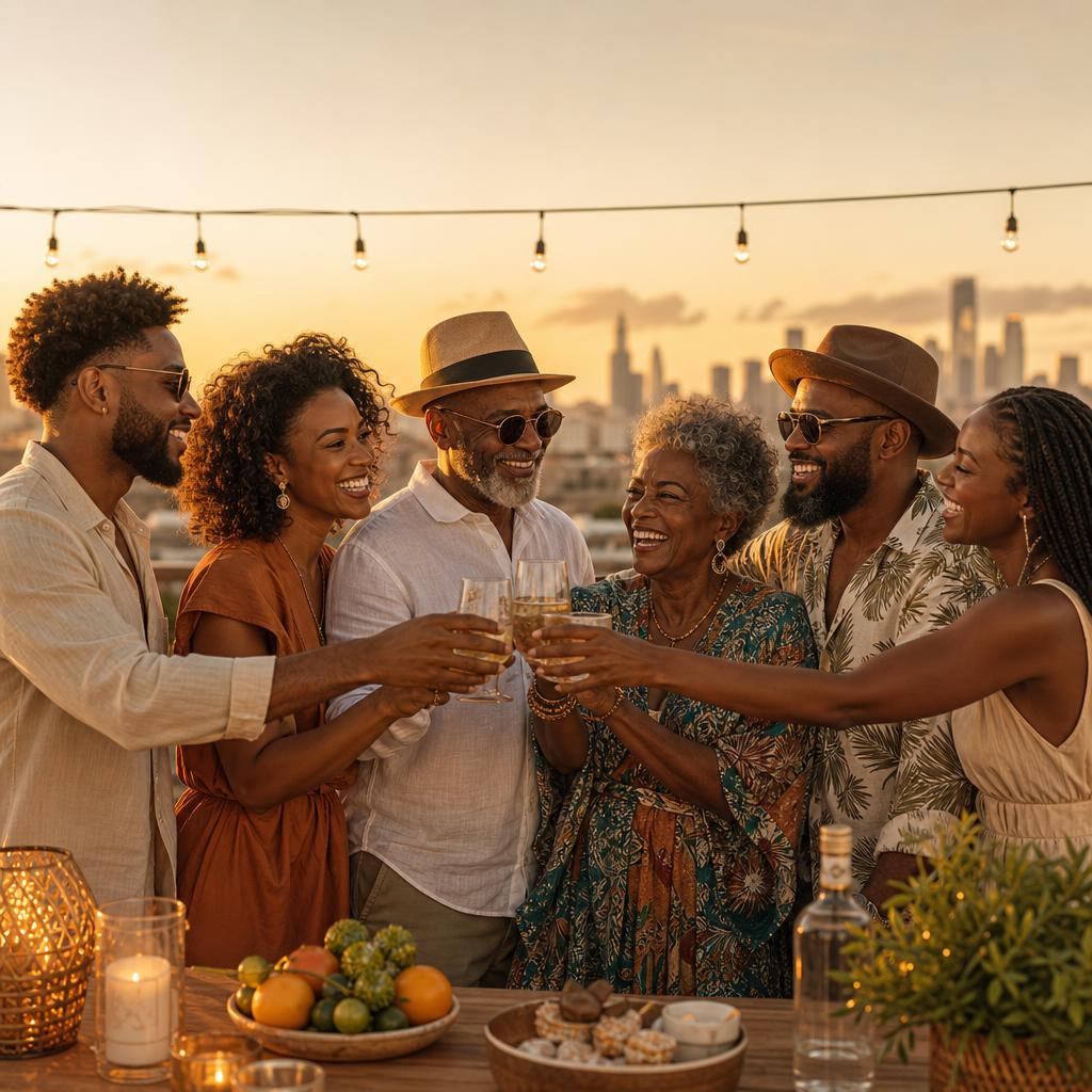 Friends toasting together at a rooftop gathering at golden hour