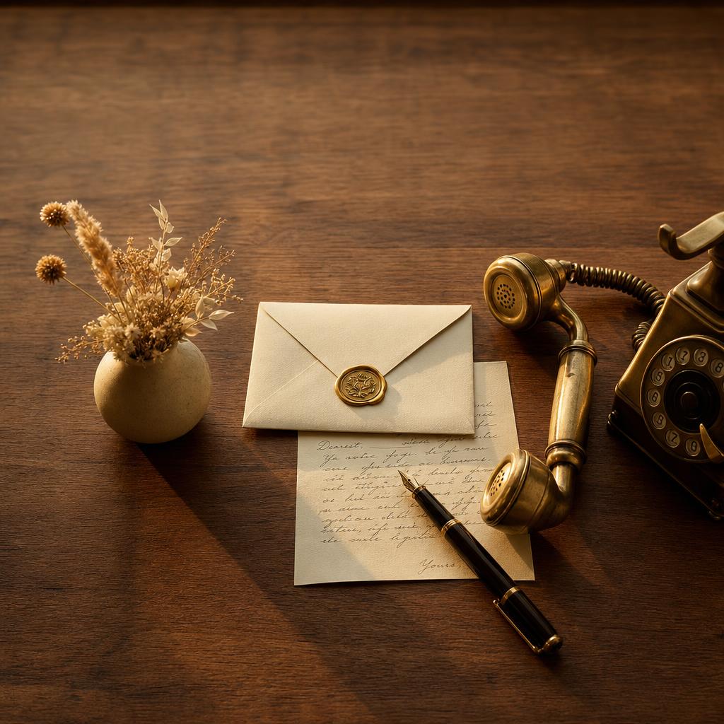 An editorial still life of a sealed letter, fountain pen, and vintage telephone