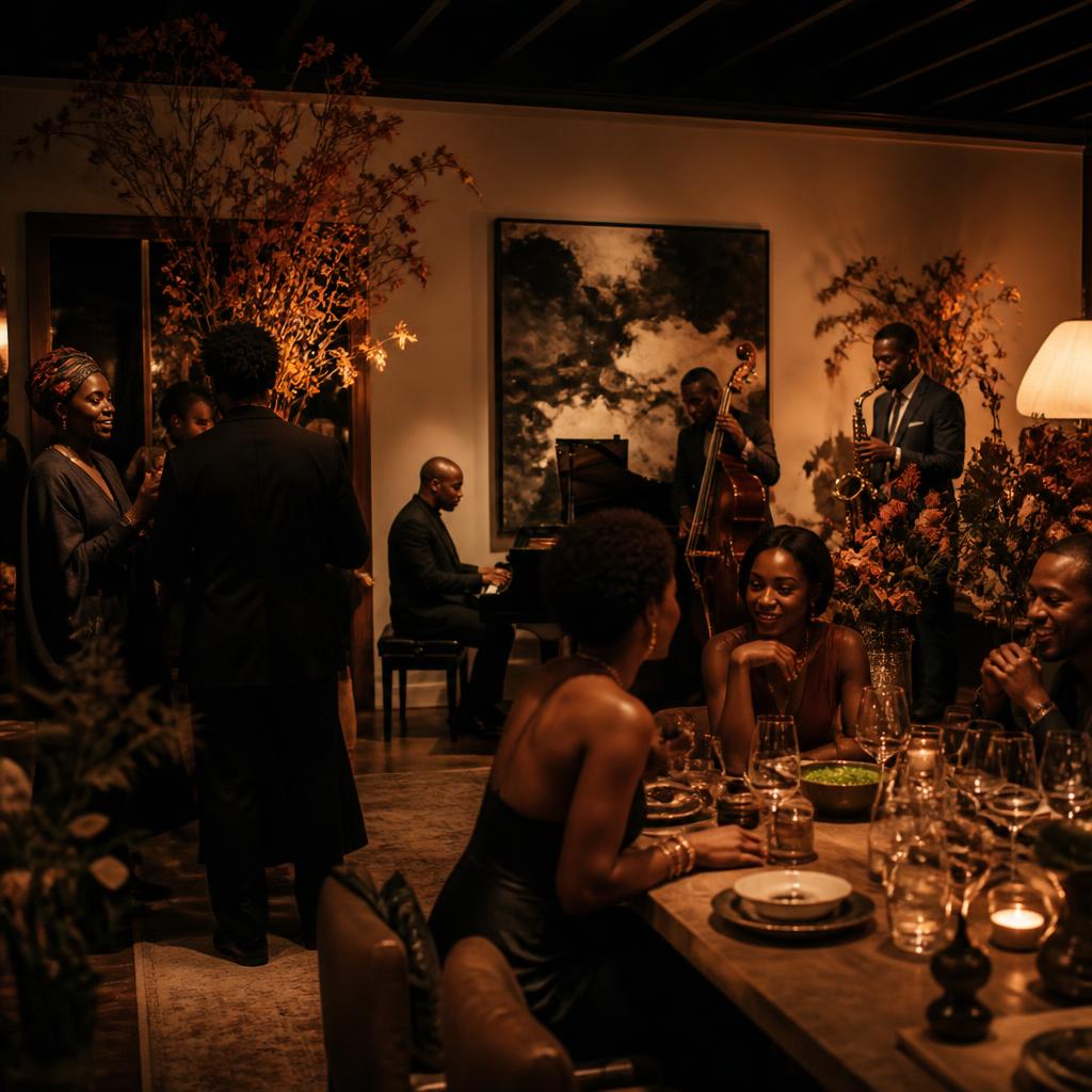 A beautifully designed evening room filled with music, food, art, and conversation