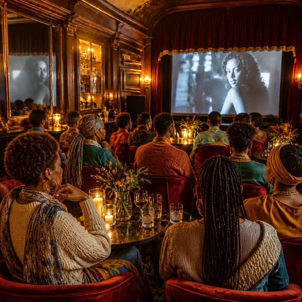 Guests gathered around candlelit tables watching a film projection in the speakeasy
