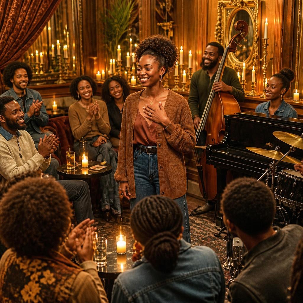 A new artist receives a warm welcome from guests in a candlelit speakeasy