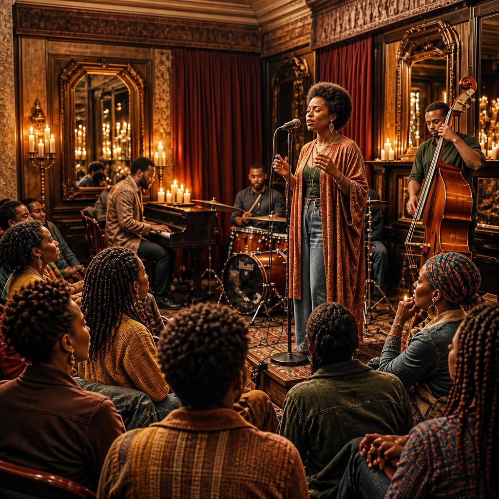 A vocalist performs with a live band as guests listen in a candlelit room