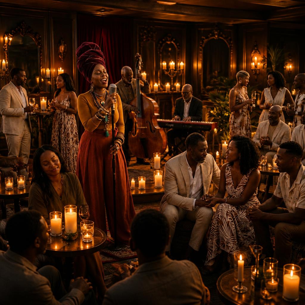 A candle-saturated Fifth Night speakeasy with a live vocalist, musicians, and guests gathered around the music