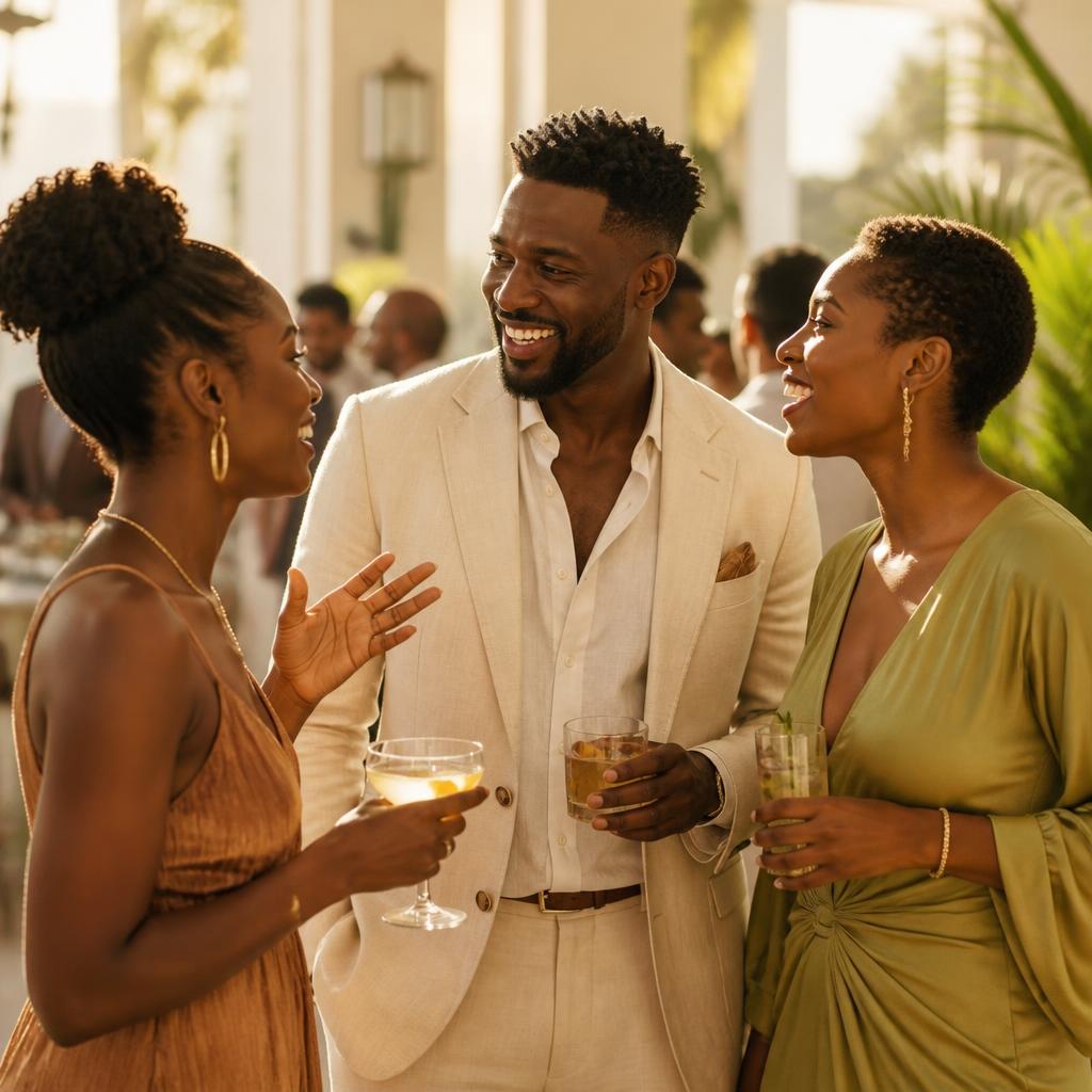 Two guests sharing a joyful conversation at an elevated gathering
