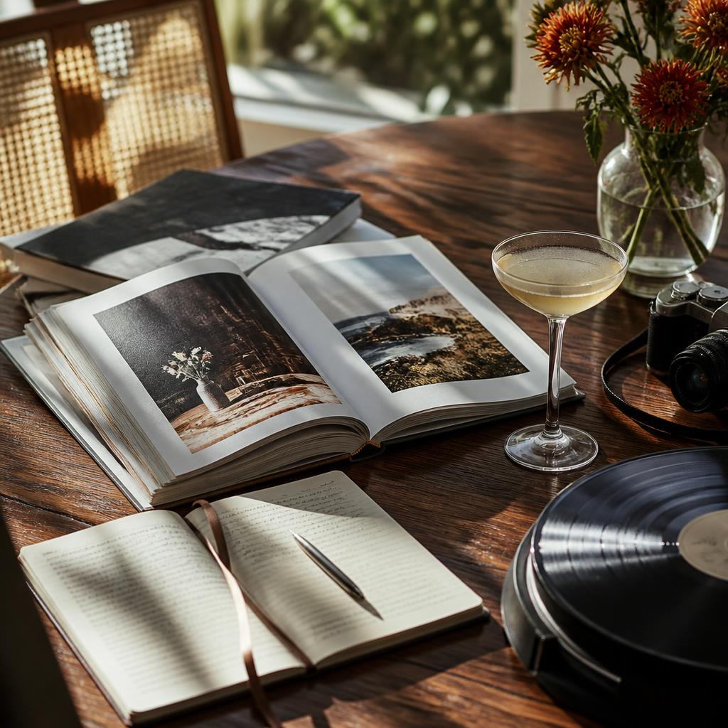 An editorial still life of a magazine, notebook, vinyl record, and cocktail
