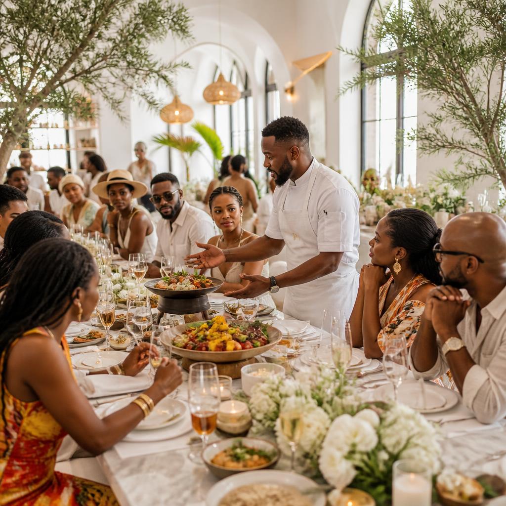 A chef presents a culturally inspired dish to guests gathered around an elegant floral table