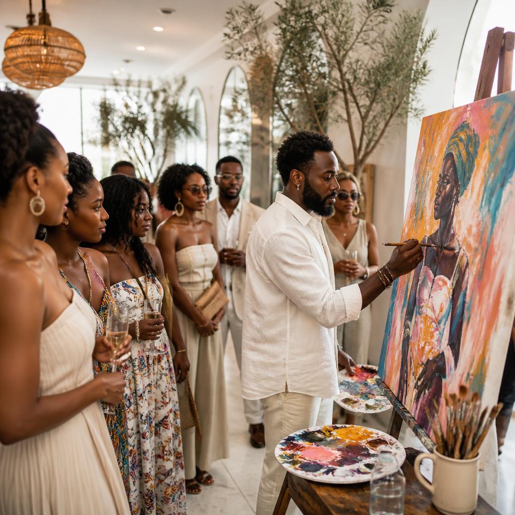 Guests watch a visual artist create an original painting in the bright brunch room