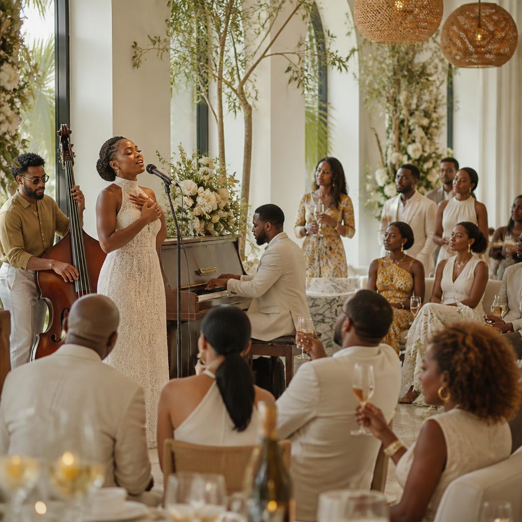 A vocalist and musicians perform for guests gathered in the sunlit Heritage Social Brunch room