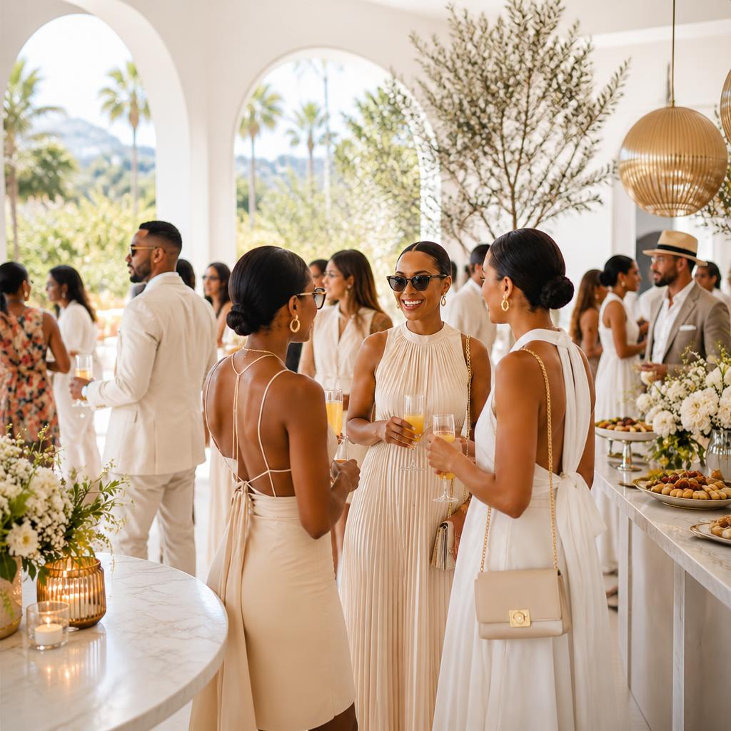 Guests in elegant summer attire gather over champagne at Heritage Social Brunch