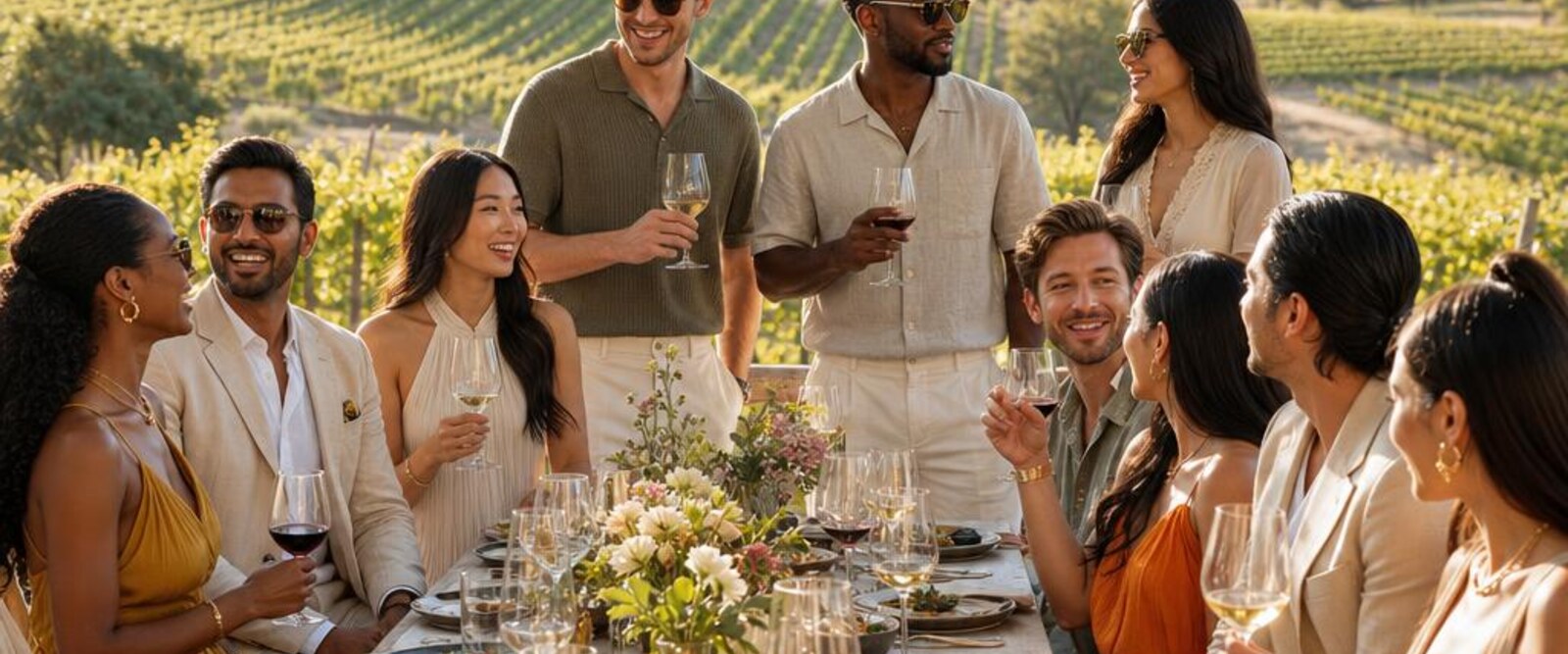 A diverse community enjoying an elegant gathering in a vineyard