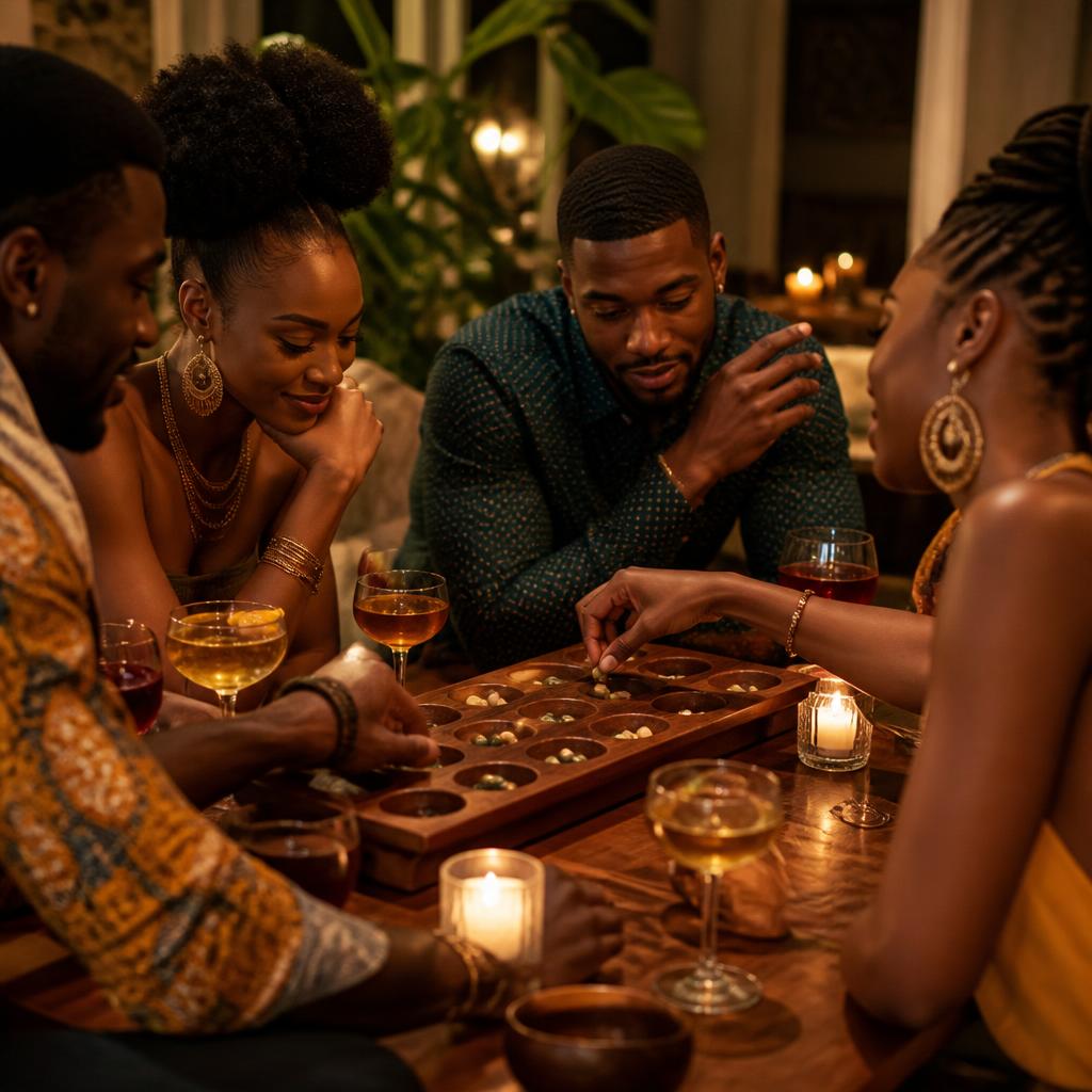 Friends sharing a thoughtful moment around a Mancala board