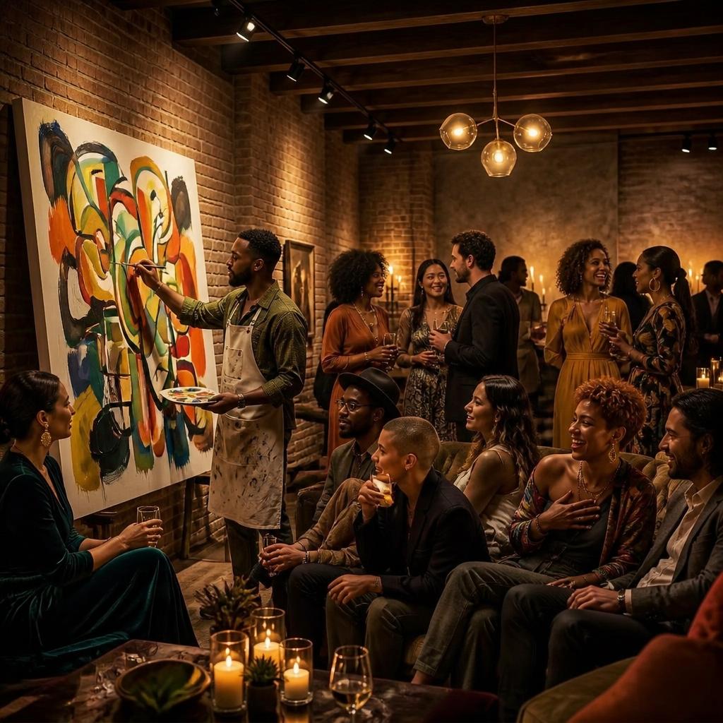 A live artist paints as a diverse group gathers in a candlelit Roots, Rhythm & Arts salon