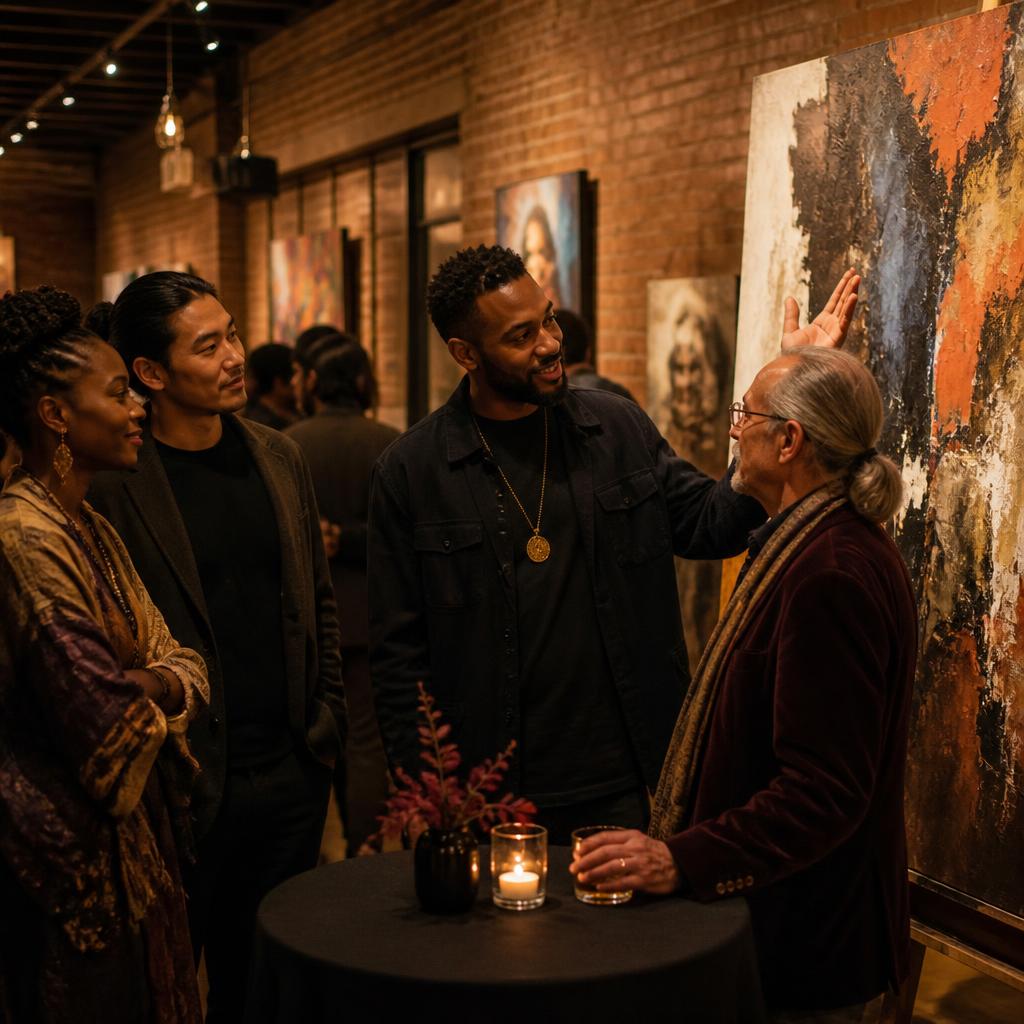 An artist presents a completed painting to a collector during a warm conversation