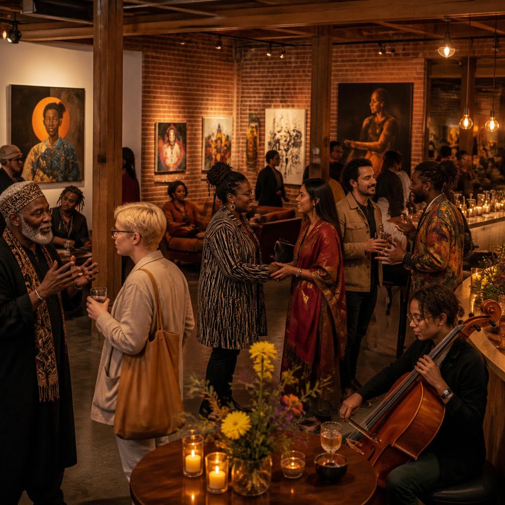 Artists, collectors, musicians, and guests share conversations in an intimate gallery salon