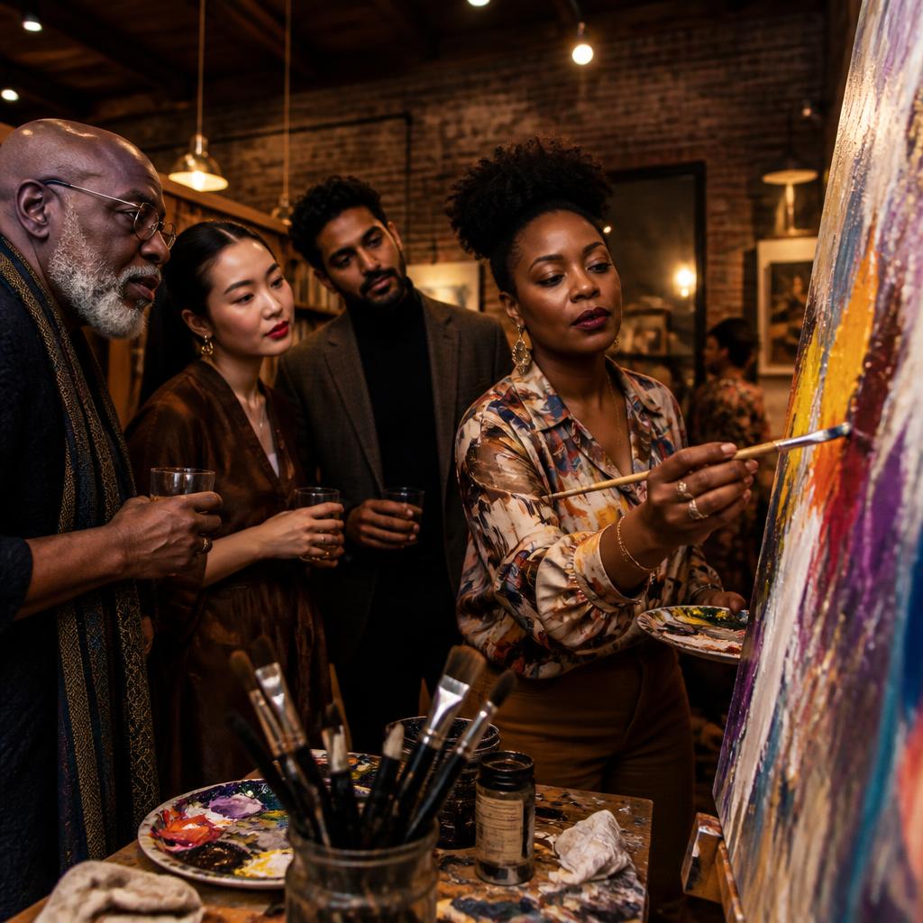 A visual artist paints live as guests gather around the canvas in a brick arts salon