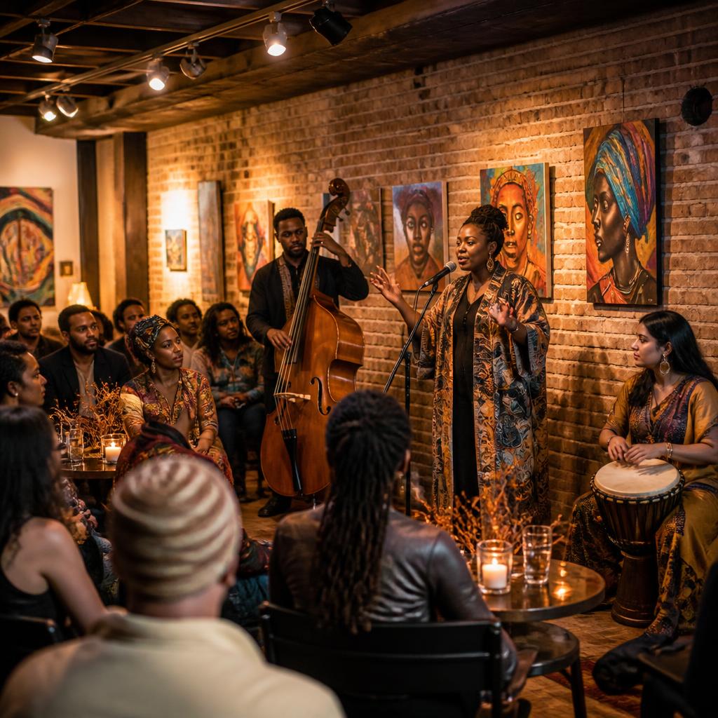 A spoken word artist performs with upright bass and hand percussion as guests listen among the art