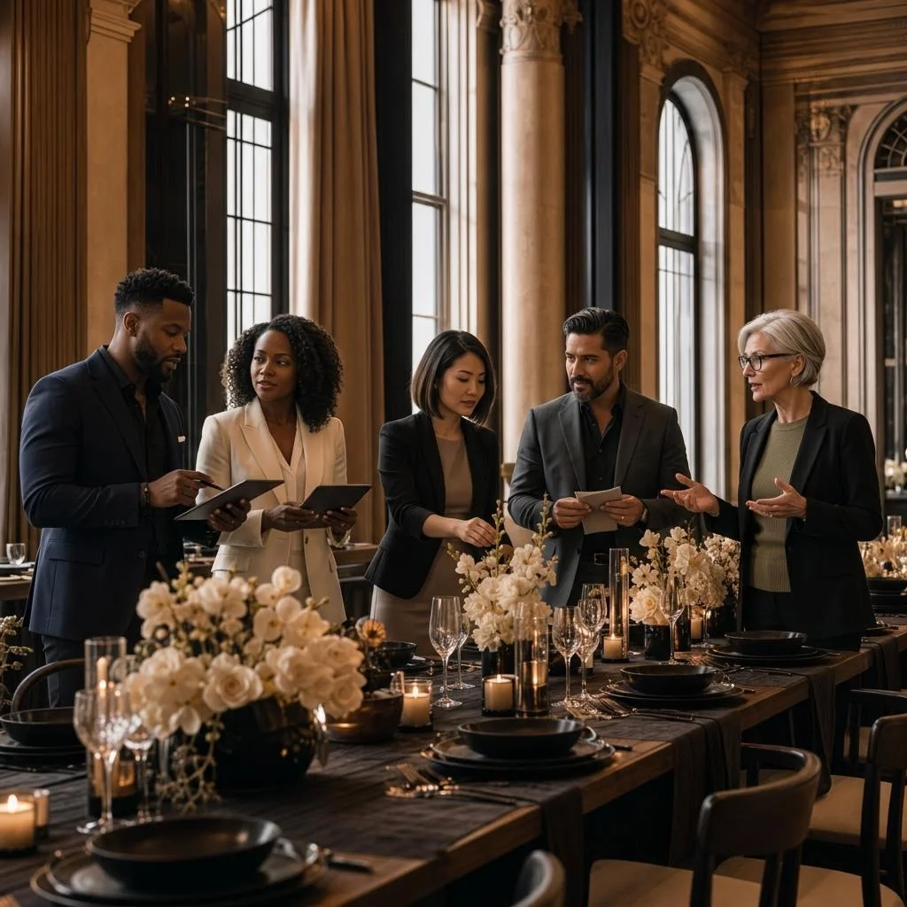 A diverse, multigenerational team of experience designers collaborating in an elegant event space