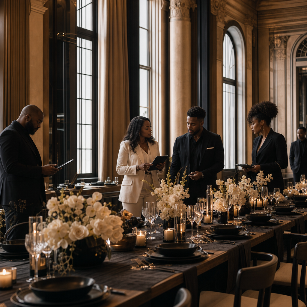 Experience designers curating an elegant event space before guests arrive