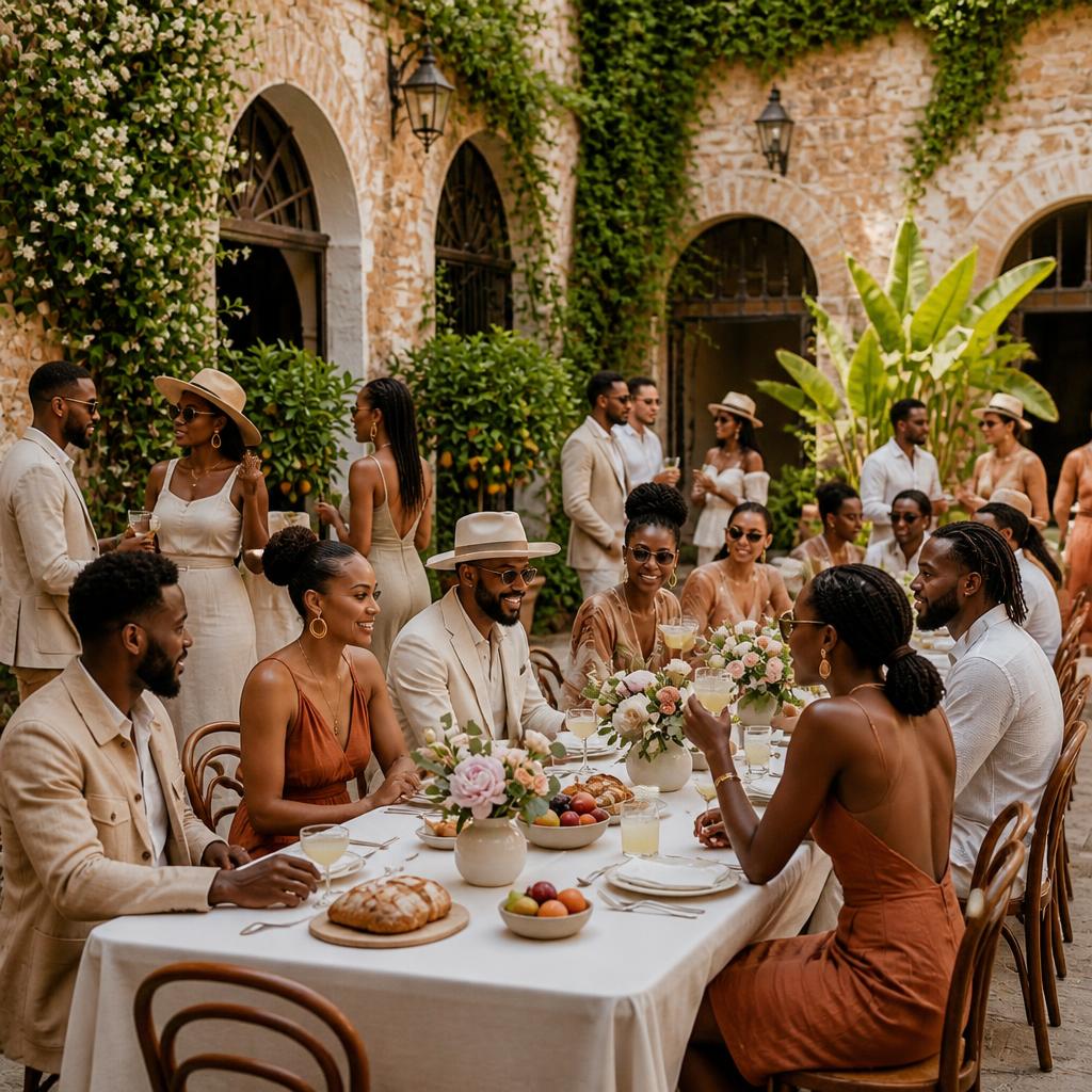 Guests share an elegant outdoor table in a sunlit courtyard at Tables of Intention